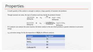  A small quantity of the catalyst is enough to catalyze a large quantity of reactants into products.
 Though reactants are same, the type of catalyst used may decide the products formed.
 If 2 catalysts can catalyze the same reaction, the better catalyst is the one which produces a greater reduction in activation
energy.
 e.g. activation energy for the decomposition of H2O2 for different catalysts.
Properties:
CH CH
+ H2 CH3 CH3
Ethyne
Ethane
Pt
CH CH + H2
CH2 CH2
EtheneEthyne
Lindlar's
Catalyst
Catalyst Ea, kj/mol
None 75
MnO2 58
I 56
Colloidal Pt 49
 