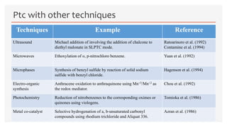 Ptc with other techniques
Techniques Example Reference
Ultrasound Michael addition of involving the addition of chalcone to
diethyl malonate in SLPTC mode.
Ratoarinoro et al. (1992)
Contamine et al. (1994)
Microwaves Ethoxylation of o, p-nitrochloro benzene. Yuan et al. (1992)
Microphases Synthesis of benzyl sulfide by reaction of solid sodium
sulfide with benzyl chloride.
Hagenson et al. (1994)
Electro-organic
synthesis
Anthracene oxidation to anthraquinone using Mn+3/Mn+2 as
the redox mediator.
Chou et al. (1992)
Photochemistry Reduction of nitrobenzenes to the corresponding oximes or
quinones using viologens.
Tomioka et al. (1986)
Metal co-catalyst Selective hydrogenation of a, b-unsaturated carbonyl
compounds using rhodium trichloride and Aliquat 336.
Azran et al. (1986)
 