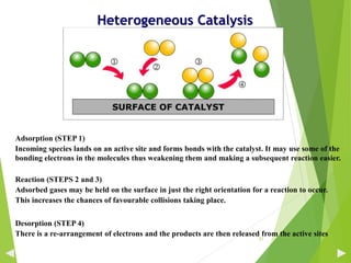 Heterogeneous Catalysis
Desorption (STEP 4)
There is a re-arrangement of electrons and the products are then released from the active sites
Adsorption (STEP 1)
Incoming species lands on an active site and forms bonds with the catalyst. It may use some of the
bonding electrons in the molecules thus weakening them and making a subsequent reaction easier.
Reaction (STEPS 2 and 3)
Adsorbed gases may be held on the surface in just the right orientation for a reaction to occur.
This increases the chances of favourable collisions taking place.
21
 