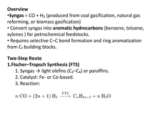 Overview
•Syngas = CO + H₂ (produced from coal gasification, natural gas
reforming, or biomass gasification)
• Convert syngas into aromatic hydrocarbons (benzene, toluene,
xylenes ) for petrochemical feedstocks.
• Requires selective C–C bond formation and ring aromatization
from C₁ building blocks.
Two-Step Route
1.Fischer–Tropsch Synthesis (FTS)
1. Syngas → light olefins (C₂–C₄) or paraffins.
2. Catalyst: Fe- or Co-based.
3. Reaction:
 