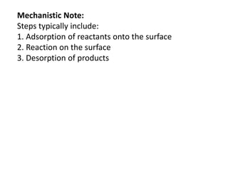 Mechanistic Note:
Steps typically include:
1. Adsorption of reactants onto the surface
2. Reaction on the surface
3. Desorption of products
 