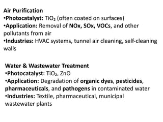Air Purification
•Photocatalyst: TiO₂ (often coated on surfaces)
•Application: Removal of NOx, SOx, VOCs, and other
pollutants from air
•Industries: HVAC systems, tunnel air cleaning, self-cleaning
walls
Water & Wastewater Treatment
•Photocatalyst: TiO₂, ZnO
•Application: Degradation of organic dyes, pesticides,
pharmaceuticals, and pathogens in contaminated water
•Industries: Textile, pharmaceutical, municipal
wastewater plants
 