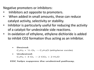 Negative promoters or inhibitors:
• Inhibitors act opposite to promoters.
• When added in small amounts, these can reduce
catalyst activity, selectivity or stability.
• Inhibitor is particularly useful for reducing the activity
of a catalyst for undesirable side reactions.
• In oxidation of ethylene, ethylene dichloride is added
to inhibit CO2 formation thus acting as an inhibitor.
 