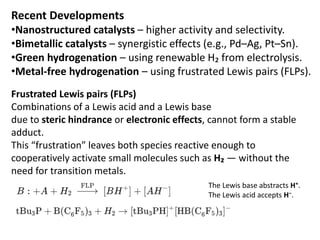 Recent Developments
•Nanostructured catalysts – higher activity and selectivity.
•Bimetallic catalysts – synergistic effects (e.g., Pd–Ag, Pt–Sn).
•Green hydrogenation – using renewable H₂ from electrolysis.
•Metal-free hydrogenation – using frustrated Lewis pairs (FLPs).
Frustrated Lewis pairs (FLPs)
Combinations of a Lewis acid and a Lewis base
due to steric hindrance or electronic effects, cannot form a stable
adduct.
This “frustration” leaves both species reactive enough to
cooperatively activate small molecules such as H₂ — without the
need for transition metals.
The Lewis base abstracts H⁺.
The Lewis acid accepts H⁻.
 