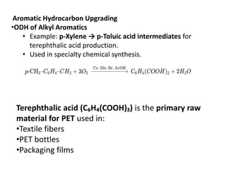 Aromatic Hydrocarbon Upgrading
•ODH of Alkyl Aromatics
• Example: p-Xylene → p-Toluic acid intermediates for
terephthalic acid production.
• Used in specialty chemical synthesis.
Terephthalic acid (C₆H₄(COOH)₂) is the primary raw
material for PET used in:
•Textile fibers
•PET bottles
•Packaging films
 