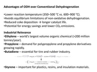 Advantages of ODH over Conventional Dehydrogenation
•Lower reaction temperature (350–500 °C vs. 600–900 °C).
•Avoids equilibrium limitations of non-oxidative dehydrogenation.
•Reduced coke deposition → longer catalyst life.
•Potential for energy savings and lower CO₂ emissions.
Industrial Relevance
•Ethylene – world’s largest volume organic chemical (>200 million
tonnes/year).
•Propylene – demand for polypropylene and propylene derivatives
growing rapidly.
•Butadiene – essential for tire and rubber industry.
•Styrene – important for plastics, resins, and insulation materials.
 