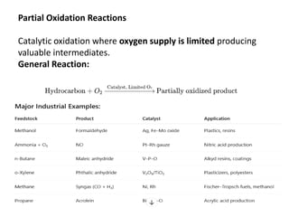 Partial Oxidation Reactions
Catalytic oxidation where oxygen supply is limited producing
valuable intermediates.
General Reaction:
 