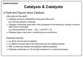 1
 Facts and Figures about Catalysts
Life cycle on the earth
 Catalysts (enzyme) participates most part of life cycle
e.g. forming, growing, decaying
 Catalysis contributes great part in the processes of converting sun energy to various
other forms of energies
e.g. photosynthesis by plant CO2 + H2O=HC + O2
 Catalysis plays a key role in maintaining our environment
Chemical Industry
 ca. $2 bn annual sale of catalysts
 ca. $200 bn annual sale of the chemicals that are related products
 90% of chemical industry has catalysis-related processes
 Catalysts contributes ca. 2% of total investment in a chemical process
Catalysis & Catalysts
Catalysis & Catalysts
CH4003 Lecture Notes 11 (Erzeng Xue)
 