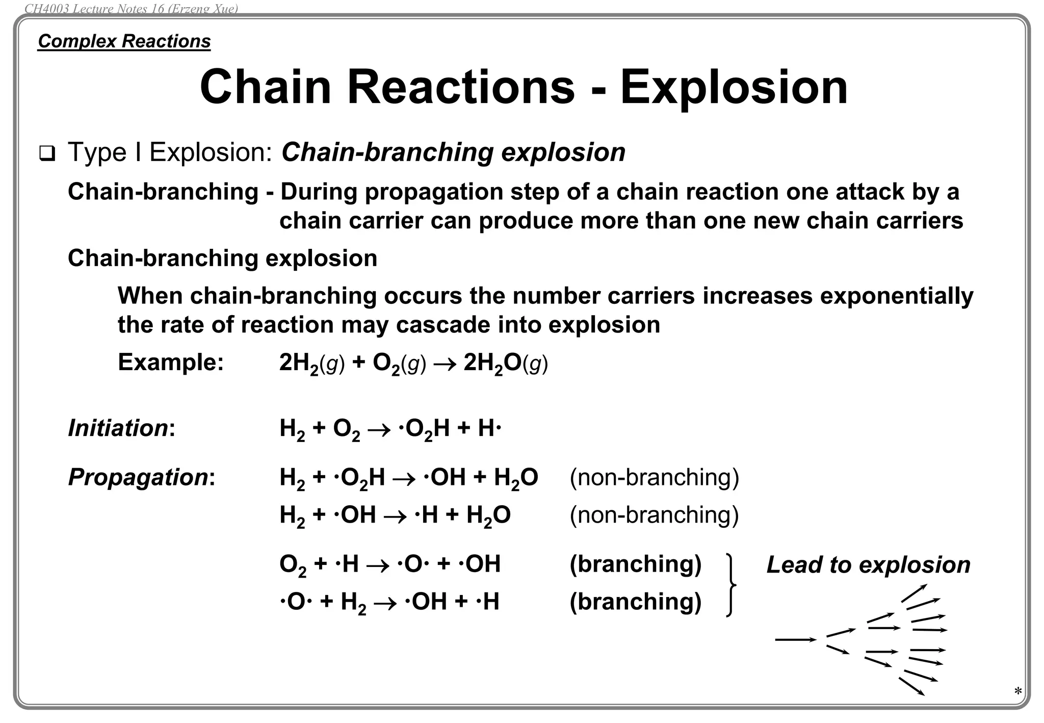 *
 Type I Explosion: Chain-branching explosion
Chain-branching - During propagation step of a chain reaction one attack by a
chain carrier can produce more than one new chain carriers
Chain-branching explosion
When chain-branching occurs the number carriers increases exponentially
the rate of reaction may cascade into explosion
Example: 2H2(g) + O2(g)  2H2O(g)
Initiation: H2 + O2  O2H + H
Propagation: H2 + O2H  OH + H2O (non-branching)
H2 + OH  H + H2O (non-branching)
O2 + H  O + OH (branching)
O + H2  OH + H (branching)
Chain Reactions - Explosion
Complex Reactions
Lead to explosion
CH4003 Lecture Notes 16 (Erzeng Xue)
 