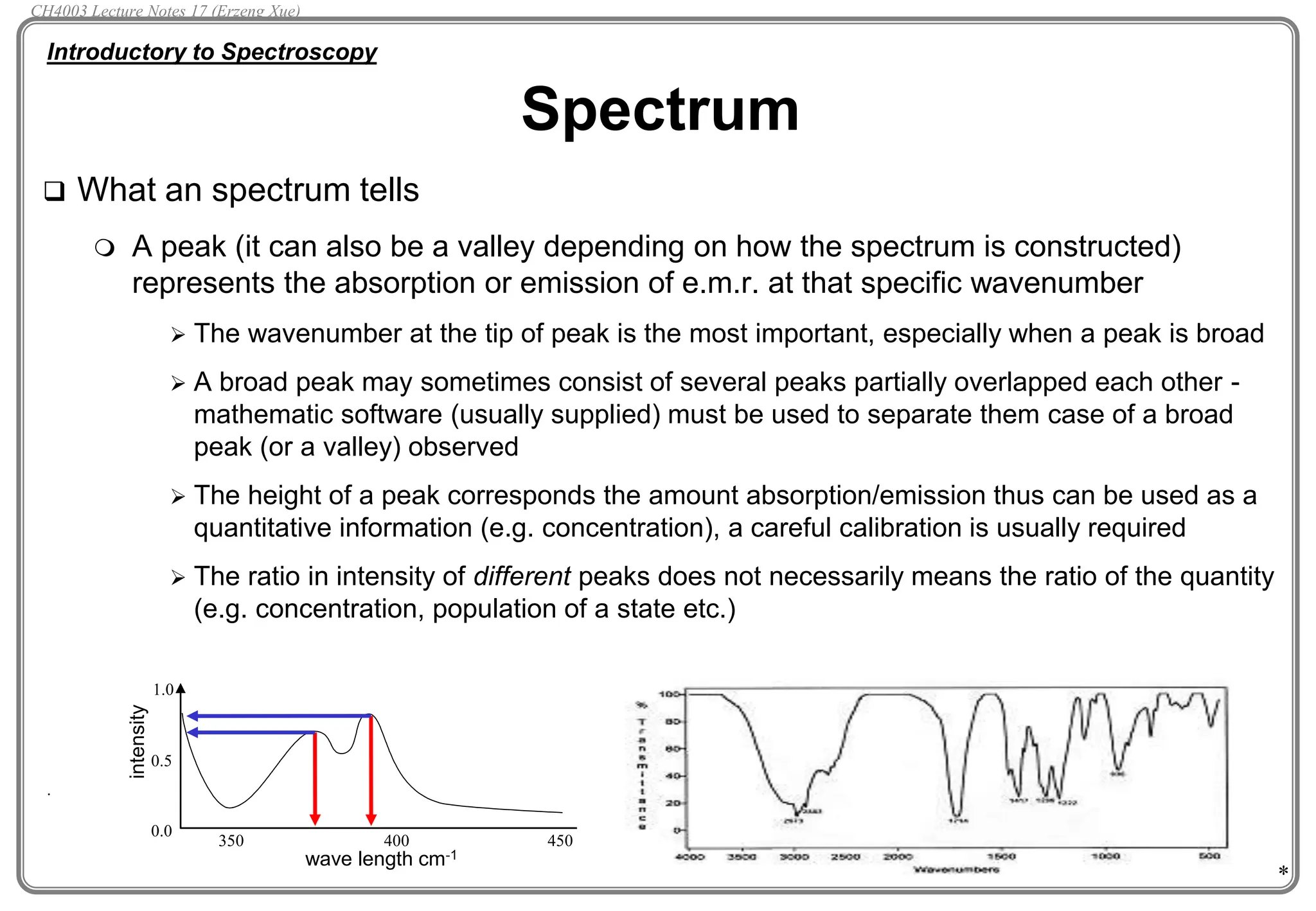 *
 What an spectrum tells
 A peak (it can also be a valley depending on how the spectrum is constructed)
represents the absorption or emission of e.m.r. at that specific wavenumber
 The wavenumber at the tip of peak is the most important, especially when a peak is broad
 A broad peak may sometimes consist of several peaks partially overlapped each other -
mathematic software (usually supplied) must be used to separate them case of a broad
peak (or a valley) observed
 The height of a peak corresponds the amount absorption/emission thus can be used as a
quantitative information (e.g. concentration), a careful calibration is usually required
 The ratio in intensity of different peaks does not necessarily means the ratio of the quantity
(e.g. concentration, population of a state etc.)
Spectrum
.
1.0
0.5
0.0
350 400 450
wave length cm-1
intensity
Introductory to Spectroscopy
CH4003 Lecture Notes 17 (Erzeng Xue)
 