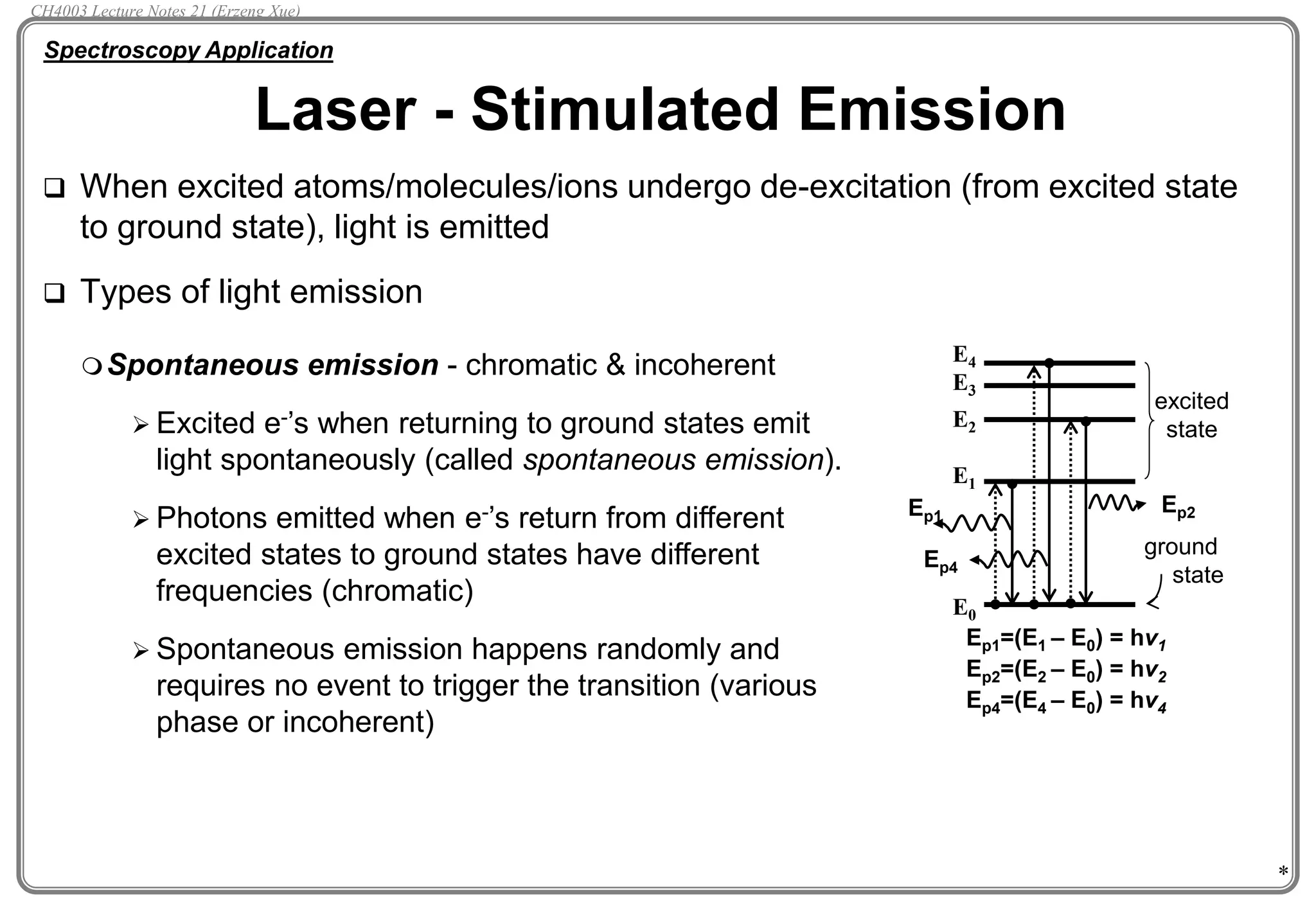 *
 When excited atoms/molecules/ions undergo de-excitation (from excited state
to ground state), light is emitted
 Types of light emission
Laser - Stimulated Emission
Spectroscopy Application
E4
E3
E2
E1
E0
ground
state
excited
state
Ep1=(E1 – E0) = hv1
Ep2=(E2 – E0) = hv2
Ep4=(E4 – E0) = hv4
Ep1
Ep4
Ep2
Spontaneous emission - chromatic & incoherent
 Excited e-’s when returning to ground states emit
light spontaneously (called spontaneous emission).
 Photons emitted when e-’s return from different
excited states to ground states have different
frequencies (chromatic)
 Spontaneous emission happens randomly and
requires no event to trigger the transition (various
phase or incoherent)
CH4003 Lecture Notes 21 (Erzeng Xue)
 