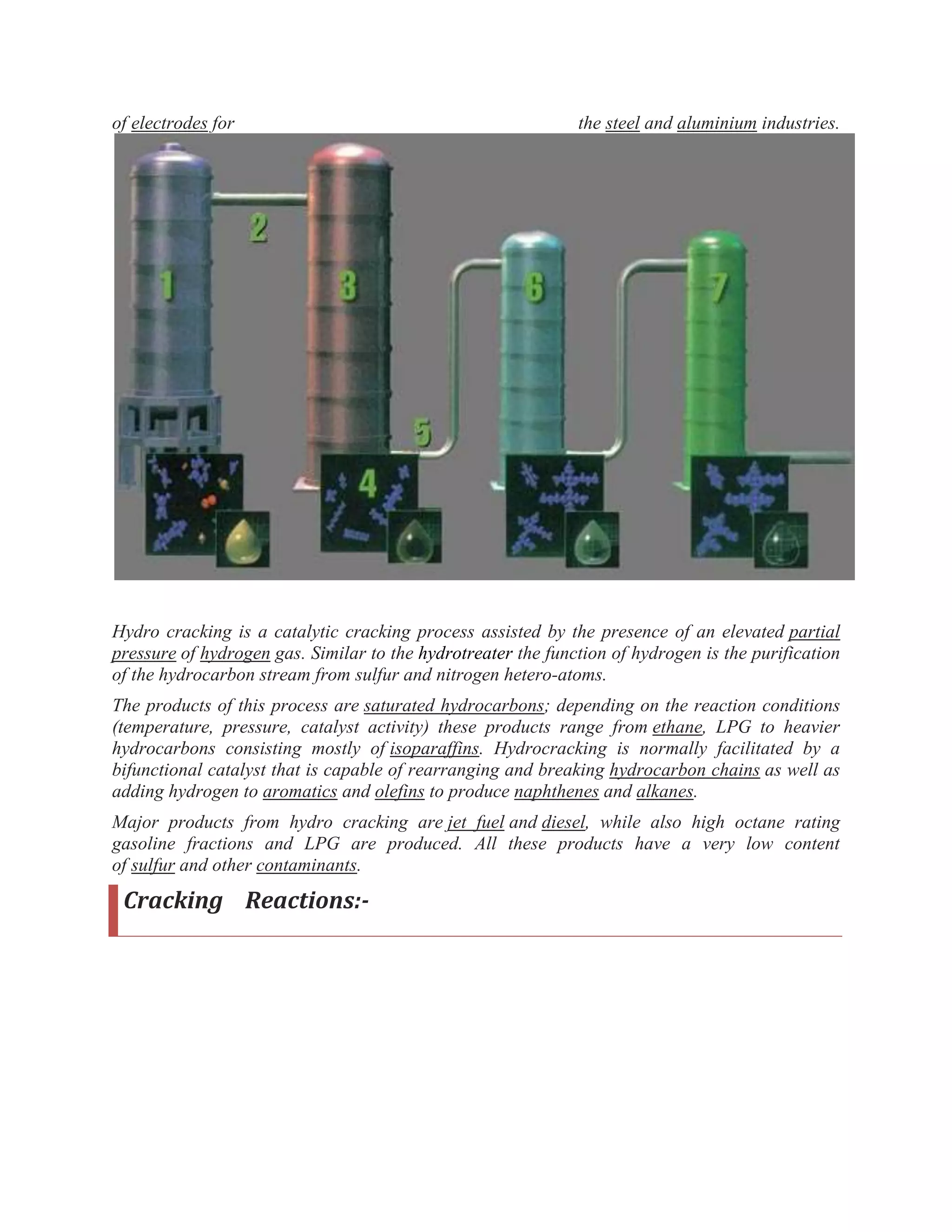 of electrodes for the steel and aluminium industries.
Hydro cracking is a catalytic cracking process assisted by the presence of an elevated partial
pressure of hydrogen gas. Similar to the hydrotreater the function of hydrogen is the purification
of the hydrocarbon stream from sulfur and nitrogen hetero-atoms.
The products of this process are saturated hydrocarbons; depending on the reaction conditions
(temperature, pressure, catalyst activity) these products range from ethane, LPG to heavier
hydrocarbons consisting mostly of isoparaffins. Hydrocracking is normally facilitated by a
bifunctional catalyst that is capable of rearranging and breaking hydrocarbon chains as well as
adding hydrogen to aromatics and olefins to produce naphthenes and alkanes.
Major products from hydro cracking are jet fuel and diesel, while also high octane rating
gasoline fractions and LPG are produced. All these products have a very low content
of sulfur and other contaminants.
Cracking Reactions:-
 