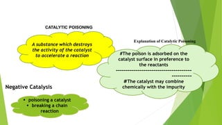 CATALYTIC POISONING
A substance which destroys
the activity of the catalyst
to accelerate a reaction
Explanation of Cataly...