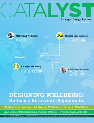 Issue 4 I SUMMER 2010




               Motivating Wellbeing                                         Minding Your Business:




                                              Austria
                Brooklyn

                                                               Israel

                     Riding to Wellbeing
                                                                                 Chief Culture Officer




      Designing Wellbeing:
      Re-focus. Re-invent. Rejuvenate.
Minding Your Business                 Motivating Wellbeing                 Riding to Confidence
Chief Culture Officer: Designing a Culture of Choice                    From the CATALYST Blog
Tools for CATALYZING Change   CATALYSTS: News from Members and Friends of the Pratt Design Management Program
 