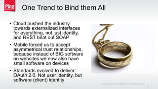 One Trend to Bind them All
Copyright © 2015 Ping Identity Corp. All rights reserved.
13
• Cloud pushed the industry
towards externalized interfaces
for everything, not just identity,
and REST beat out SOAP
• Mobile forced us to accept
asymmetrical trust relationships,
because instead of BIG software
on websites we now also have
small software on devices
• Standards evolved to deliver:
OAuth 2.0. Not user identity, but
software (client) identity
 