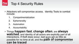 Top 4 Security Rules
• Attackers will compromise access. Identity Tools to combat
include:
1. Compartmentalization
2. Ephemerality
3. Automation
4. Accountability
• Things happen fast, change often, are always
watched, and identity of all actors are explicitly part of all
interactions. If theft does occur, bad guys get as little as
possible for no time at all, and the path of compromise
can be traced
Copyright © 2015 Ping Identity Corp. All rights reserved.
16
 