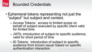 Bounded Credentials
• Ephemeral tokens representing not just the
“subject” but subject and context.
– Access Tokens: access to limited scope on
behalf of subject executed by specific client valid
for limited time
– JWTs: introduction of subject to specific audience,
valid for short period of time
– ID Tokens: introduction of subject to specific
audience from known issuer based on specific
authentication interaction Copyright © 2015 Ping Identity Corp. All rights reserved.
24
 