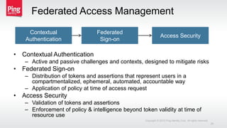 Federated Access Management
Copyright © 2015 Ping Identity Corp. All rights reserved.
29
Contextual
Authentication
Federated
Sign-on
Access Security
• Contextual Authentication
– Active and passive challenges and contexts, designed to mitigate risks
• Federated Sign-on
– Distribution of tokens and assertions that represent users in a
compartmentalized, ephemeral, automated, accountable way
– Application of policy at time of access request
• Access Security
– Validation of tokens and assertions
– Enforcement of policy & intelligence beyond token validity at time of
resource use
 