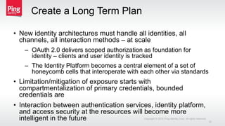 Create a Long Term Plan
• New identity architectures must handle all identities, all
channels, all interaction methods – at scale
– OAuth 2.0 delivers scoped authorization as foundation for
identity – clients and user identity is tracked
– The Identity Platform becomes a central element of a set of
honeycomb cells that interoperate with each other via standards
• Limitation/mitigation of exposure starts with
compartmentalization of primary credentials, bounded
credentials are
• Interaction between authentication services, identity platform,
and access security at the resources will become more
intelligent in the future Copyright © 2015 Ping Identity Corp. All rights reserved.
32
 