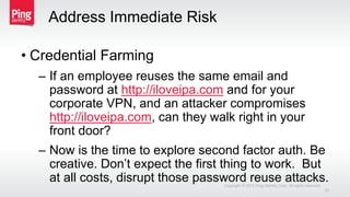Address Immediate Risk
• Credential Farming
– If an employee reuses the same email and
password at http://iloveipa.com and for your
corporate VPN, and an attacker compromises
http://iloveipa.com, can they walk right in your
front door?
– Now is the time to explore second factor auth. Be
creative. Don’t expect the first thing to work. But
at all costs, disrupt those password reuse attacks.Copyright © 2015 Ping Identity Corp. All rights reserved.
33
 