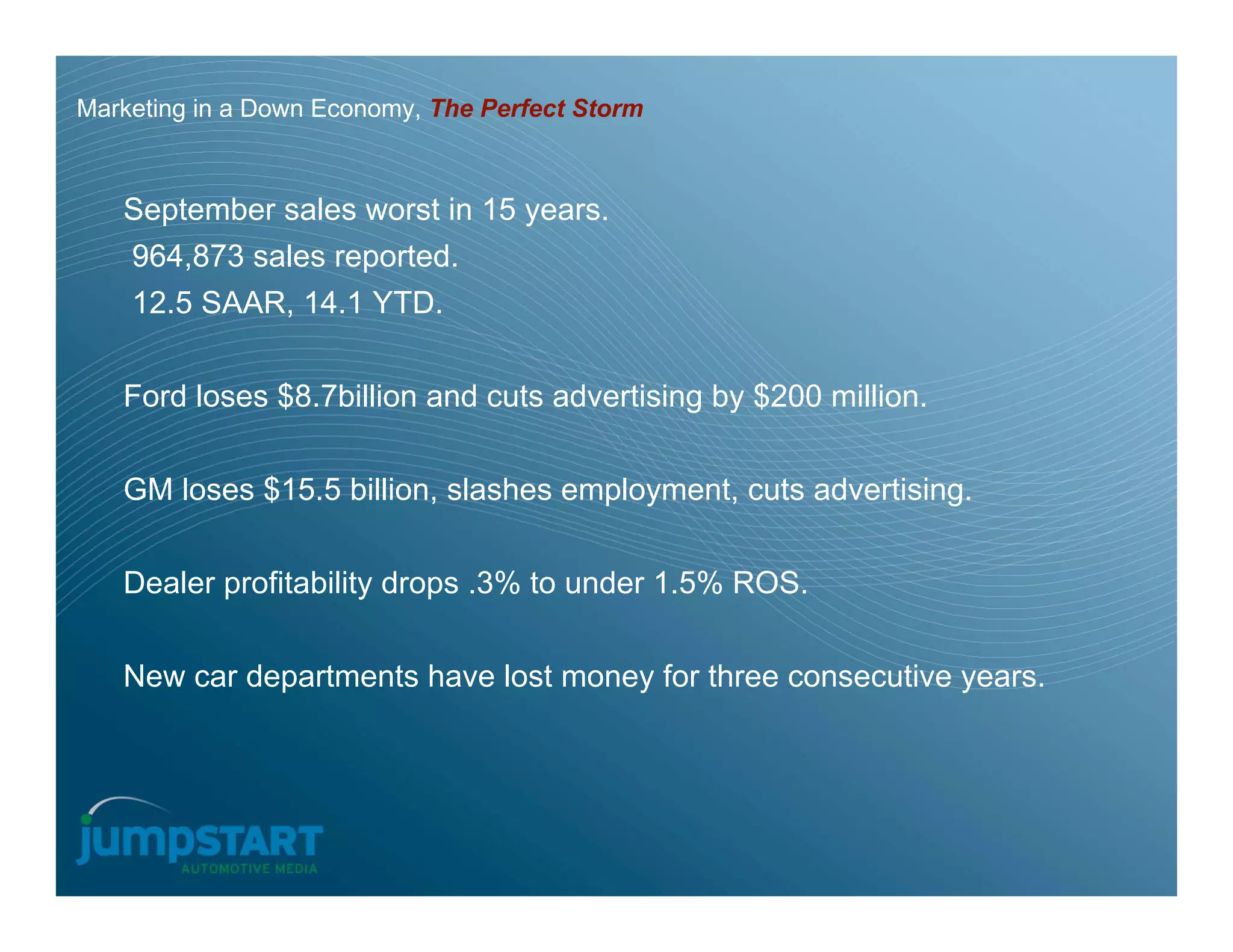 Marketing in a Down Economy, The Perfect Storm



   September sales worst in 15 years.
    964,873 sales reported.
    12.5 SAAR, 14.1 YTD.


   Ford loses $8.7billion and cuts advertising by $200 million.


   GM loses $15.5 billion, slashes employment, cuts advertising.


   Dealer profitability drops .3% to under 1.5% ROS.


   New car departments have lost money for three consecutive years.
 