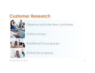 Observe and interview customers 
Online surveys 
Traditional focus groups 
Online focus group 
17 
Customer Research 
 