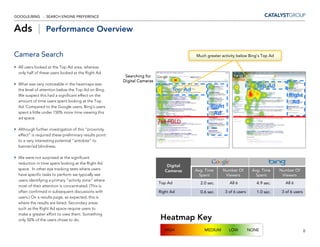GOOGLE/BING - SEARCH ENGINE PREFERENCE


Ads |            Performance Overview


Camera Search                                                                           Much greater activity below Bing’s Top Ad

 All users looked at the Top Ad area, whereas
 only half of these users looked at the Right Ad.
                                                        Searching for
                                                       Digital Cameras
 What was very noticeable in the heatmaps was                                                                            Top Ad
 the level of attention below the Top Ad on Bing.                              Top Ad
 We suspect this had a significant effect on the                                                                                         Right
 amount of time users spent looking at the Top                                                                                            Ad
 Ad. Compared to the Google users, Bing’s users                                                Right
 spent a little under 150% more time viewing this                                               Ad
 ad space.
                                                                         768 FOLD
 Although further investigation of this “proximity
 effect” is required these preliminary results point
 to a very interesting potential “antidote” to
 banner/ad blindness.

 We were not surprised at the significant
 reduction in time spent looking at the Right Ad
                                                                             Digital
 space. In other eye tracking tests where users                             Cameras     Avg. Time    Number Of         Avg. Time    Number Of
 have specific tasks to perform we typically see                                          Spent       Viewers            Spent       Viewers
 users identifying a primary “activity zone” where
                                                                         Top Ad           2.0 sec.       All 6           4.9 sec.      All 6
 most of their attention is concentrated. (This is
 often confirmed in subsequent discussions with                          Right Ad         0.6 sec.     3 of 6 users      1.0 sec.    3 of 6 users
 users.) On a results page, as expected, this is
 where the results are listed. Secondary areas
 such as the Right Ad space require users to
 make a greater effort to view them. Something
 only 50% of the users chose to do.                                      Heatmap Key
                                                                           HIGH             MEDIUM       LOW          NONE                          8
 