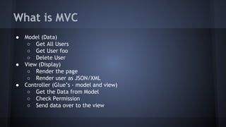 What is MVC 
● Model (Data) 
○ Get All Users 
○ Get User foo 
○ Delete User 
● View (Display) 
○ Render the page 
○ Render user as JSON/XML 
● Controller (Glue’s - model and view) 
○ Get the Data from Model 
○ Check Permission 
○ Send data over to the view 
 