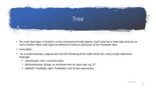 Tree
• The main data type in Catalyst is a tree composed of node objects. Each node has a node type and zero or
more children. New node types are defined in Scala as subclasses of the TreeNode class.
• Immutable.
• As a simple example, suppose we have the following three node classes for a very simple expression
language:
• Literal(value: Int): a constant value
• Attribute(name: String): an attribute from an input row, e.g.,“x”
• Add(left: TreeNode, right: TreeNode): sum of two expressions.
08-03-2019
19
 