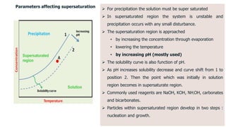  For precipitation the solution must be super saturated
 In supersaturated region the system is unstable and
precipitation occurs with any small disturbance.
 The supersaturation region is approached
• by increasing the concentration through evaporation
• lowering the temperature
• by increasing pH (mostly used)
 The solubility curve is also function of pH.
 As pH increases solubility decrease and curve shift from 1 to
position 2. Then the point which was initially in solution
region becomes in supersaturate region.
 Commonly used reagents are NaOH, KOH, NH4OH, carbonates
and bicarbonates.
 Particles within supersaturated region develop in two steps :
nucleation and growth.
Parameters affecting supersaturation
 