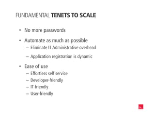 FUNDAMENTAL TENETS TO SCALE
•  No more passwords
•  Automate as much as possible
–  Eliminate IT Administrative overhead
–  Application registration is dynamic
•  Ease of use
–  Effortless self service
–  Developer-friendly
–  IT-friendly
–  User-friendly
 