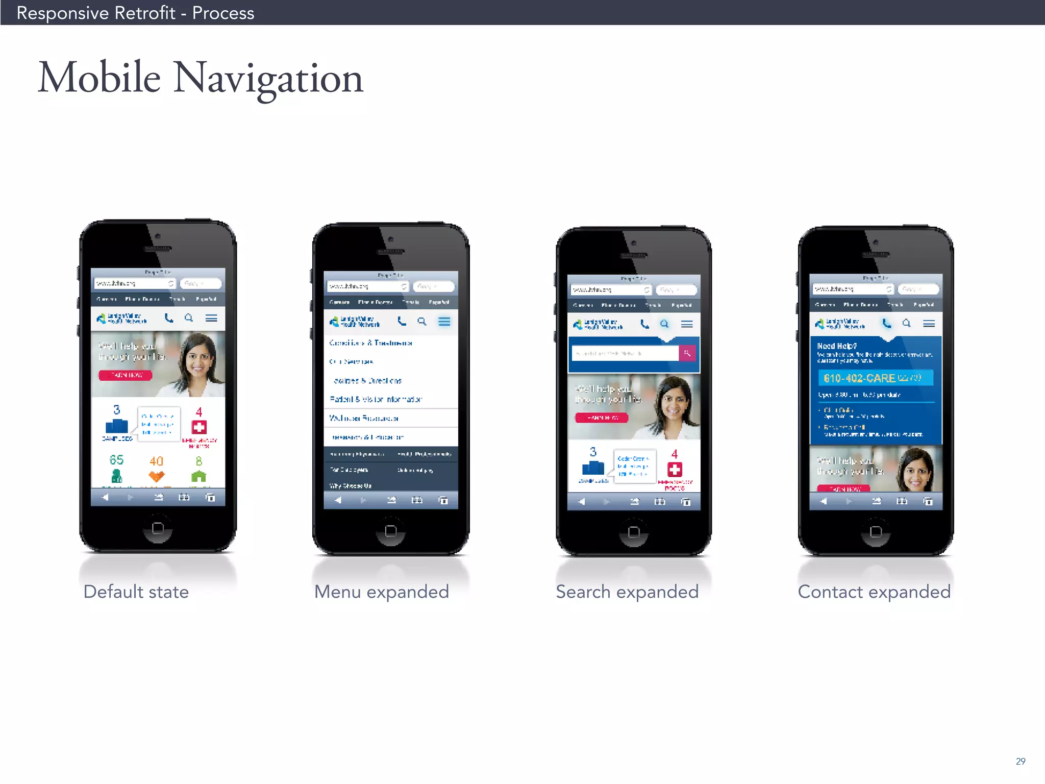 29 
Responsive Retrofit - Process 
Mobile Navigation 
Default state Menu expanded Search expanded Contact expanded 
 