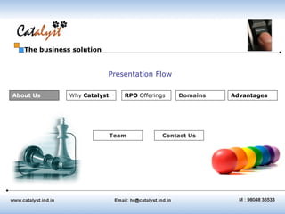 The business solution


                           Presentation Flow

About Us       Why Catalyst      RPO Offerings   Domains   Advantages




                              Team           Contact Us
 