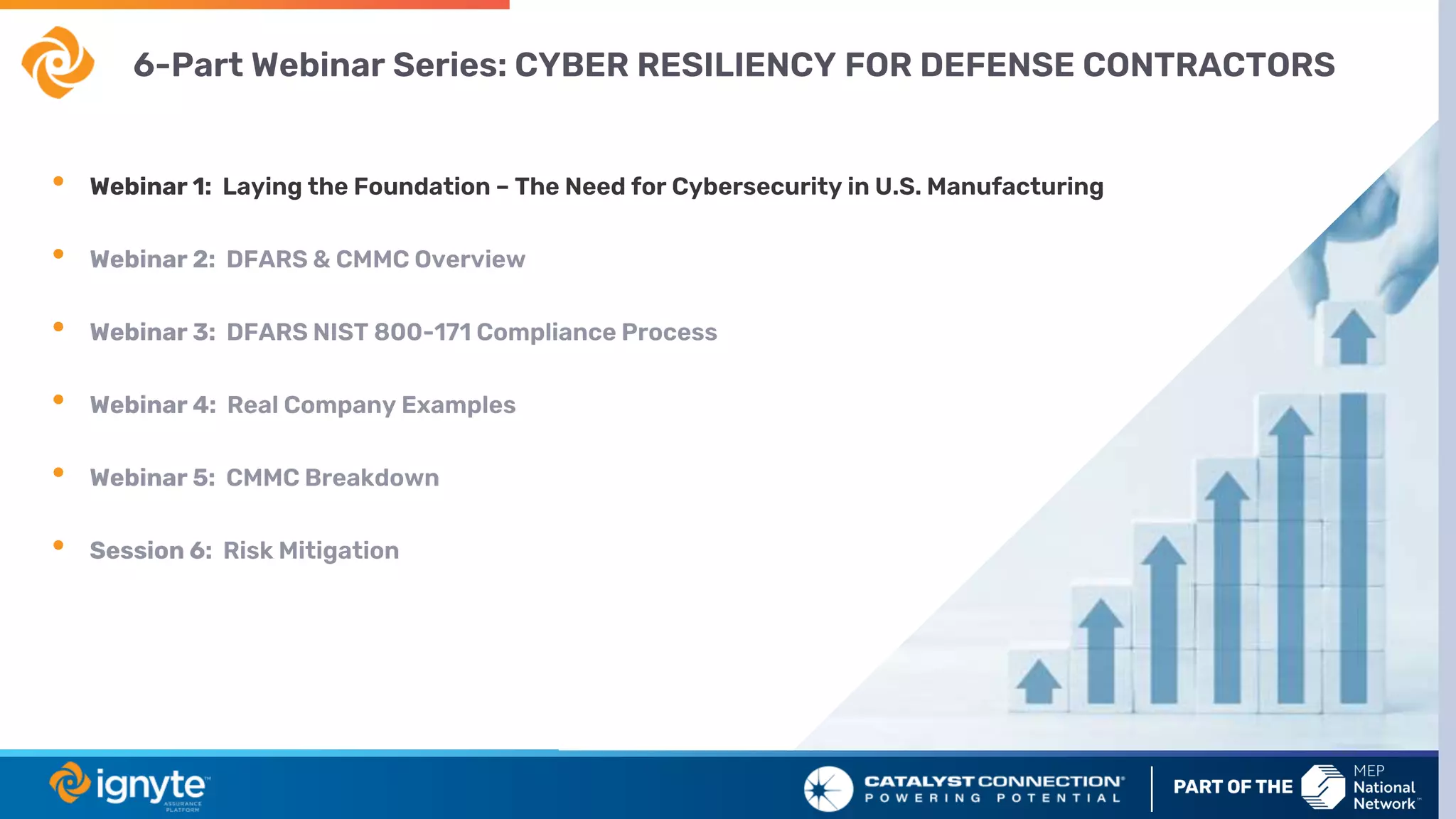 • Webinar 1: Laying the Foundation – The Need for Cybersecurity in U.S. Manufacturing
• Webinar 2: DFARS & CMMC Overview
• Webinar 3: DFARS NIST 800-171 Compliance Process
• Webinar 4: Real Company Examples
• Webinar 5: CMMC Breakdown
• Session 6: Risk Mitigation
6-Part Webinar Series: CYBER RESILIENCY FOR DEFENSE CONTRACTORS
 