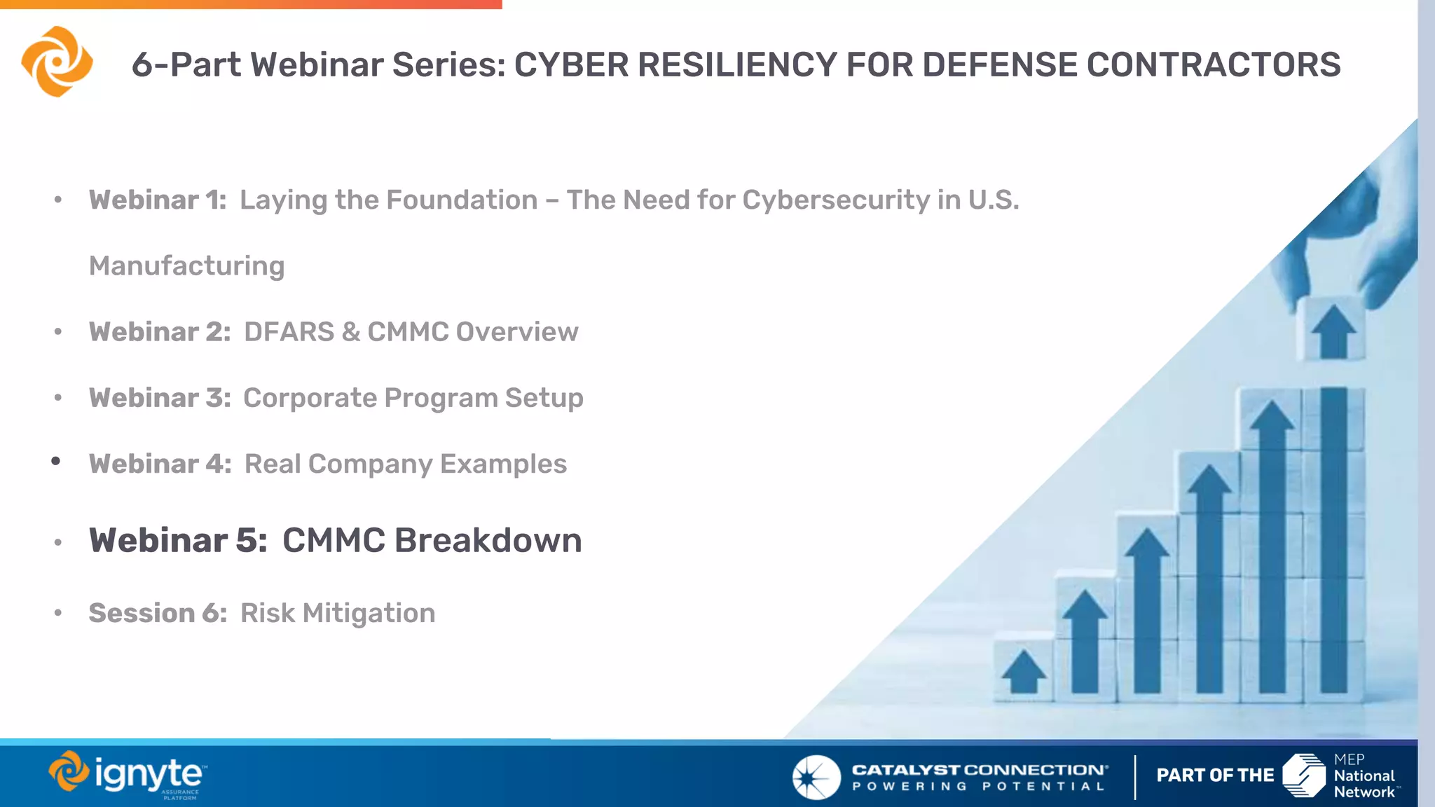 • Webinar 1: Laying the Foundation – The Need for Cybersecurity in U.S.
Manufacturing
• Webinar 2: DFARS & CMMC Overview
• Webinar 3: Corporate Program Setup
• Webinar 4: Real Company Examples
• Webinar 5: CMMC Breakdown
• Session 6: Risk Mitigation
6-Part Webinar Series: CYBER RESILIENCY FOR DEFENSE CONTRACTORS
 