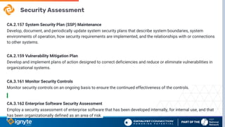Security Assessment
CA.2.157 System Security Plan (SSP) Maintenance
Develop, document, and periodically update system security plans that describe system boundaries, system
environments of operation, how security requirements are implemented, and the relationships with or connections
to other systems.
CA.2.159 Vulnerability Mitigation Plan
Develop and implement plans of action designed to correct deficiencies and reduce or eliminate vulnerabilities in
organizational systems.
CA.3.161 Monitor Security Controls
Monitor security controls on an ongoing basis to ensure the continued effectiveness of the controls.
CA.3.162 Enterprise Software Security Assessment
Employ a security assessment of enterprise software that has been developed internally, for internal use, and that
has been organizationally defined as an area of risk.
 