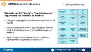 CMMC Capability Domains
CMMC refers to “NIST Family” as “Capability Domains”
“Requirements” are referred to as “Practices”
- Change in language has caused some confusion in the
market.
- It also adds to translation of documentation work for
small and large businesses (reusability in service is
needed).
- Small changes in terminology and text can have
significant consequences for businesses.
 