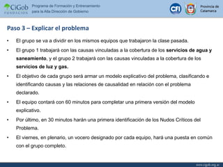Paso 3 – Explicar el problema El grupo se va a dividir en los mismos equipos que trabajaron la clase pasada.  El grupo 1 trabajará con las causas vinculadas a la cobertura de los  servicios de agua y saneamiento , y el grupo 2 trabajará con las causas vinculadas a la cobertura de los  servicios de luz y gas.  El objetivo de cada grupo será armar un modelo explicativo del problema, clasificando e identificando causas y las relaciones de causalidad en relación con el problema declarado. El equipo contará con 60 minutos para completar una primera versión del modelo explicativo.  Por último, en 30 minutos harán una primera identificación de los Nudos Críticos del Problema. El viernes, en plenario, un vocero designado por cada equipo, hará una puesta en común con el grupo completo. 