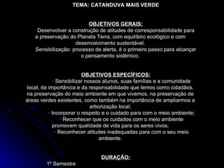 TEMA: CATANDUVA MAIS VERDE OBJETIVOS GERAIS: Desenvolver a construção de atitudes de corresponsabilidade para a preservação do Planeta Terra, com equilíbrio ecológico e com desenvolvimento sustentável. Sensibilização: processo de alerta, é o primeiro passo para alcançar o pensamento sistêmico. OBJETIVOS ESPECÍFICOS: · Sensibilizar nossos alunos, suas famílias e a comunidade local, da importância e da responsabilidade que temos como cidadãos, na preservação do meio ambiente em que vivemos, na preservação de áreas verdes existentes, como também na importância de ampliarmos a arborização local; · Incorporar o respeito e o cuidado para com o meio ambiente; · Reconhecer que os cuidados com o meio ambiente promovem qualidade de vida para os seres vivos; · Reconhecer atitudes inadequadas para com o seu meio ambiente. DURAÇÃO: 1º Semestre 