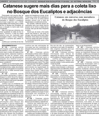 JUN/2012 INFORMATIVO DO VER. CATANESE - BOSQUE DOS EUCALIPTOS / P. DA SOL / JD. VICTÓRIA / NOVA ERA PÁG. 05


     Catanese sugere mais dias para a coleta lixo
      no Bosque dos Eucaliptos e adjacências
   Preocupado com poucos dias de             passa com freqüência no local. Já faz
coleta de lixo naquela região da cidade,     15 dias que a coleta não é realizada no              Catanese em conversa com moradores
o vereador Catanese encaminhou               bairro, e não é só, os outros bairros
indicação nº. 289/2011 a prefeitura          também sofrem com a falta de                               do Bosque dos Eucaliptos
municipal sugerindo que o SAAE               regularidade no recolhimento de lixo.
disponibilize mais horários para a coleta       Na verdade, melhorias devem ser
de lixo no Bosque dos Eucaliptos, já         realizadas para que esses bairros
que a situação no bairro está muito          possam ter ao menos a coleta de lixo
complicada.                                  no local, visto que ela não é freqüente
   Não é de hoje que cobramos uma            no bairro.
maior igualdade na coleta de lixo no            Ocorre que, às vezes, o lixo acaba
bairro, inclusive, a volta da coleta         caindo das lixeiras e, vão parar no
seletiva que era realizada pela              córrego, indo poluir ainda mais o Meio
reciclagem União e Força. Portanto,          Ambiente. Como disse uma moradora:
pedimos o aumento das coletas no             “Esse lixo acaba indo parar no bueiro
bairro.                                      e, conseqüentemente para o Rio
   Justifica que o caminhão do lixo não      Camanducaia”.

   REQUERIMENTOS 2011                        Justifica que são solicitações de             Dia sim dia não, as reclamações           “barro no seu fornecimento”.
   Nº. 120 – Catanese solicita               munícipes que tem reclamado da                aumentam e com razão. Em atenção a            Nº 491 – Catanese solicitou
informações sobre o Bosque dos               situação do lixo que está acumulado nos       eles, exigimos respostas para que         informações sobre coleta de lixo,
Eucaliptos e sua regulamentação,             bairros.                                      possamos passar aos moradores.            policiamento e recuperação do trevo de
como qual o horário da coleta do lixo            Nº. 155 – Catanese solicita                   Nº 318 – Catanese solicitou           acesso ao loteamento Bosque dos
nesses bairros, (descrever horários e        informações jurídicas sobre o Bosque          informações sobre câmera de               Eucaliptos. Justifica que a situação do
dias)? No caso do “entulho” como             dos Eucaliptos, como se a prefeitura          segurança em bairros como Bosque          Bosque dos Eucaliptos, Parque do Sol,
móveis, camas, etc, não seria possível       municipal sabe informar sobre o               dos Eucaliptos e Pedrosos (Jaguari).      Jardim Victória e Nova Era, merece uma
estipular dia e horário? O que a             processo de regularização do Bosque               Justifica que infelizmente nos        solução rápida e a longo prazo, merece
prefeitura municipal pensa em fazer para     dos Eucaliptos? Como anda o Projeto           Pedrosos, Eucaliptos e Tamburi, por       uma definição.
sanar o problema?                            de benfeitorias para o bairro? Tem data       exemplo existem muitos pedidos para           Nº 492 – Catanese solicitou
   Justifica que as informações serão        prevista para isso? Se negativa, justificar   rondas da GCM.                            informações atualizadas sobre o
repassadas aos moradores dos bairros.        o motivo? Como anda o processo                    Nos Distritos também existem          loteamento Bosque dos Eucaliptos.
O problema do lixo, coleta, dos entulhos     administrativo de regularização do            pedidos a esse Vereador, a câmera de          Justifica que há vários meses
que são dia-a-dia jogados na rua precisa     Parque do Sol, Eucaliptos, jardim             segurança seria uma alternativa. Essas    estamos recebendo cobranças dos
ter um fim. A coleta semanal pode            Parque Dona Vitória? Trata-se dos             informações serão repassadas aos          moradores deste loteamento pedindo
resolver isso.                               mesmos loteadores responsáveis?               moradores de cada bairro.                 providências no referido local. Desde
   Nº. 122 – Catanese solicita               Como ficou a regularização para levar             Nº 336 – Catanese solicitou           quando entrei como vereador tenho feito
informações pertinentes à coleta e           água no loteamento? O que a prefeitura        informações atualizadas sobre             o possível, mas a parte executiva, não
limpeza no Jardim Nova Era, Bosque           municipal fez para executar o TAC             loteamentos no município de Amparo.       depende de mim, ou nós, vereadores.
dos Eucaliptos e adjacências, Parque         assinado entre ela, Ministério Público            Justifica que as informações serão        A situação do Loteamento Jardim
do Sol e Vitória está sendo planejado        e loteador? Como anda a questão do            debatidas na Comissão Especial que        Bosque dos Eucaliptos é muito grave,
uma limpeza no bairro?                       lixo e seu recolhimento nos bairros           estuda a situação dos loteamentos         sabemos que a Justiça tem feito o que
   Justifica que os problemas em             Eucaliptos, Parque do Sol e Victória?         clandestinos e irregulares em toda        pode, já que existe uma legislação, e a
bairros sobre a limpeza, a coleta de lixo,       Justifica que as questões serão           cidade de Amparo. Inclusive, alguns       Prefeitura Municipal também tem se
entulhos, etc, tem sido um problemão         repassadas aos moradores que terão            deles, trata-se de desdobro irregulares   empenhado muito em tentar junto a
para o SAAE. O que os vereadores têm         como principal importância fundamentar        que trazem mais dificuldades na sua       comunidade resolver a situação dos
recebido de reclamação, é um caso            a ação judicial correspondente contra o       regularização.                            loteamentos em todo o município.
muito grande. As informações serão           loteador e prefeitura municipal. A maior          Nº 490 – Catanese solicitou           Todavia aos finais de semana a falta
repassadas aos moradores do bairro. A        reclamação dos moradores é o                  informações urgentes sobre o              d’água vem sendo constante, causando
questão é de grande urgência, por isso       abandono que os bairros estão                 loteamento Bosque dos Eucaliptos e o      prejuízos morais, constrangimentos
pedimos a maior celeridade na atenção        entregues.                                    processo de regularização com             imensuráveis que trazem um abalo a
que o caso requer.                               Nº 156 – Catanese solicita                agendamento de reunião para               paz de espírito que não devem ser
   Nº 152 – Catanese solicitou               informações sobre ronda da GCM no             discussão de sua regularização.           submetidos os moradores do
informações sobre Bosque dos                 Bosque dos Eucaliptos e adjacências               Justifica que a situação no local é   loteamento. Com efeito, às vezes
Eucaliptos e bairros adjacentes.                 Justifica que melhorias que a             muito preocupante. Os moradores têm       quando do fornecimento da água, a
Justifica que melhorias e indagações         população reclama nos bairros. O              procurado o vereador para buscar uma      mesma é imprópria para uso dos
que foram reclamadas por moradores.          policiamento é nulo no local.                 solução para o loteamento. As             deveres de casa, como o básico, ou
   Nº 154 – Catanese solicitou                   Nº 293 – Catanese solicitou               autoridades devem tomar todas as          seja, higiene pessoal, higiene
providências relativas à melhoria no         informações sobre a situação do               medidas cabíveis, e uma delas, é          doméstica, preparo de alimentação; já
recolhimento do lixo nos bairros Jardim      loteamento Bosque dos Eucaliptos.             solucionar o problema de água potável     que a referida água é muito barrenta e
Nova Era, Bosque dos Eucaliptos,                 Justifica que o problema enfrentado       e de água encanada no bairro que          suja, tornando-se imprópria para esses
Parque do Sol e Jardim Victória.             pelos moradores parece interminável.          sempre apresenta problemas com            afazeres.
 