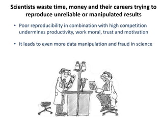 Scientists waste time, money and their careers trying to
reproduce unreliable or manipulated results
• Poor reproducibility in combination with high competition
undermines productivity, work moral, trust and motivation
• It leads to even more data manipulation and fraud in science
 