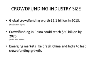 CROWDFUNDING INDUSTRY SIZE 
• Global crowdfunding worth $5.1 billion in 2013. 
(Massolution Report) 
• Crowdfunding in China could reach $50 billion by 
2025. 
(World Bank Report) 
• Emerging markets like Brazil, China and India to lead 
crowdfunding growth. 
 
