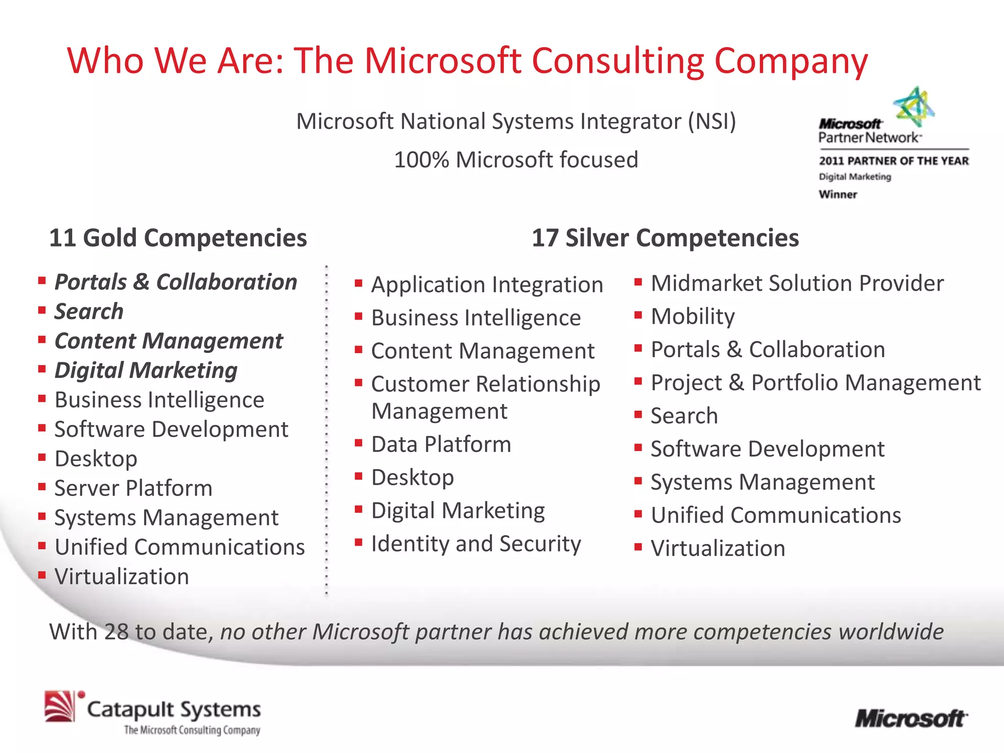 Who We Are: The Microsoft Consulting Company
                        Microsoft National Systems Integrator (NSI)
                                 100% Microsoft focused


 11 Gold Competencies                         17 Silver Competencies
 Portals & Collaboration     Application Integration    Midmarket Solution Provider
 Search                      Business Intelligence      Mobility
 Content Management          Content Management         Portals & Collaboration
 Digital Marketing                                       Project & Portfolio Management
                              Customer Relationship
 Business Intelligence        Management                 Search
 Software Development
                              Data Platform              Software Development
 Desktop
 Server Platform             Desktop                    Systems Management
 Systems Management          Digital Marketing          Unified Communications
 Unified Communications      Identity and Security      Virtualization
 Virtualization

 With 28 to date, no other Microsoft partner has achieved more competencies worldwide
 