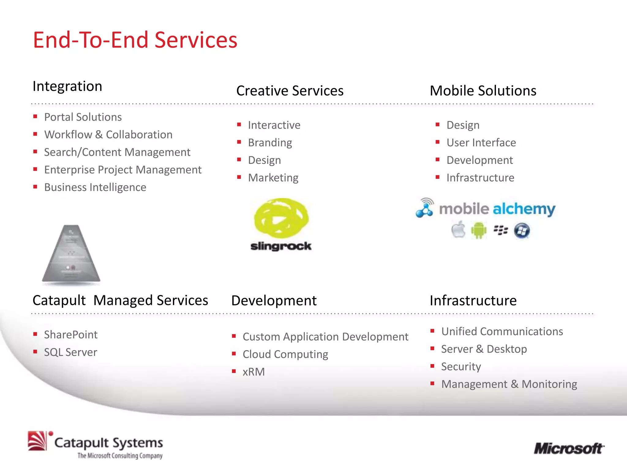 End-To-End Services
Integration                         Creative Services                  Mobile Solutions
   Portal Solutions
                                       Interactive                       Design
   Workflow & Collaboration
                                       Branding                          User Interface
   Search/Content Management
                                       Design                            Development
   Enterprise Project Management
                                       Marketing                         Infrastructure
   Business Intelligence




Catapult Managed Services           Development                        Infrastructure

 SharePoint                         Custom Application Development      Unified Communications
 SQL Server                         Cloud Computing                     Server & Desktop
                                     xRM                                 Security
                                                                          Management & Monitoring
 