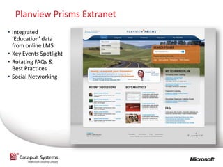 Planview Prisms Extranet
• Integrated
  ‘Education’ data
  from online LMS
• Key Events Spotlight
• Rotating FAQs &
  Best Practices
• Social Networking
 