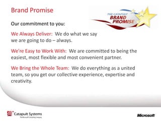 Brand Promise
Our commitment to you:
We Always Deliver: We do what we say
we are going to do – always.
We're Easy to Work With: We are committed to being the
easiest, most flexible and most convenient partner.
We Bring the Whole Team: We do everything as a united
team, so you get our collective experience, expertise and
creativity.
 