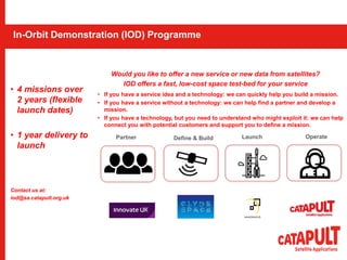 In-Orbit Demonstration (IOD) Programme
• 4 missions over
2 years (flexible
launch dates)
• 1 year delivery to
launch
Contact us at:
iod@sa.catapult.org.uk
Would you like to offer a new service or new data from satellites?
IOD offers a fast, low-cost space test-bed for your service
• If you have a service idea and a technology: we can quickly help you build a mission.
• If you have a service without a technology: we can help find a partner and develop a
mission.
• If you have a technology, but you need to understand who might exploit it: we can help
connect you with potential customers and support you to define a mission.
Partner Define & Build Launch Operate
 