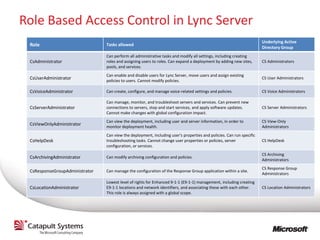Role Based Access Control in Lync Server
                                                                                                                      Underlying Active
 Role                           Tasks allowed
                                                                                                                      Directory Group
                                Can perform all administrative tasks and modify all settings, including creating
 CsAdministrator                roles and assigning users to roles. Can expand a deployment by adding new sites,      CS Administrators
                                pools, and services.
                                Can enable and disable users for Lync Server, move users and assign existing
 CsUserAdministrator                                                                                                  CS User Administrators
                                policies to users. Cannot modify policies.

 CsVoiceAdministrator           Can create, configure, and manage voice-related settings and policies.                CS Voice Administrators

                                Can manage, monitor, and troubleshoot servers and services. Can prevent new
 CsServerAdministrator          connections to servers, stop and start services, and apply software updates.          CS Server Administrators
                                Cannot make changes with global configuration impact.
                                Can view the deployment, including user and server information, in order to           CS View-Only
 CsViewOnlyAdministrator
                                monitor deployment health.                                                            Administrators
                                Can view the deployment, including user's properties and policies. Can run specific
 CsHelpDesk                     troubleshooting tasks. Cannot change user properties or policies, server              CS HelpDesk
                                configuration, or services.
                                                                                                                      CS Archiving
 CsArchivingAdministrator       Can modify archiving configuration and policies.
                                                                                                                      Administrators
                                                                                                                      CS Response Group
 CsResponseGroupAdministrator   Can manage the configuration of the Response Group application within a site.
                                                                                                                      Administrators
                                Lowest level of rights for Enhanced 9-1-1 (E9-1-1) management, including creating
 CsLocationAdministrator        E9-1-1 locations and network identifiers, and associating these with each other.      CS Location Administrators
                                This role is always assigned with a global scope.
 