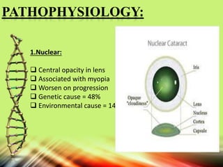 PATHOPHYSIOLOGY:
1.Nuclear:
 Central opacity in lens
 Associated with myopia
 Worsen on progression
 Genetic cause = 48%
 Environmental cause = 14%
 