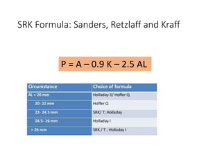 SRK Formula: Sanders, Retzlaff and Kraff
P = A – 0.9 K – 2.5 AL
 